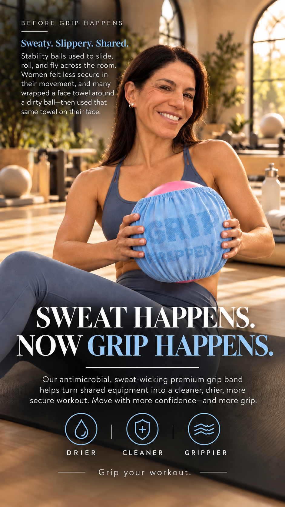 Marisa holding a Pilates ball wrapped in a Grip Happens band